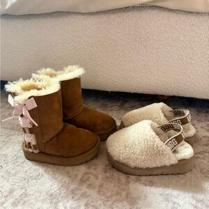 UGG Tan Boots with Pink Bows and Cream Slippers